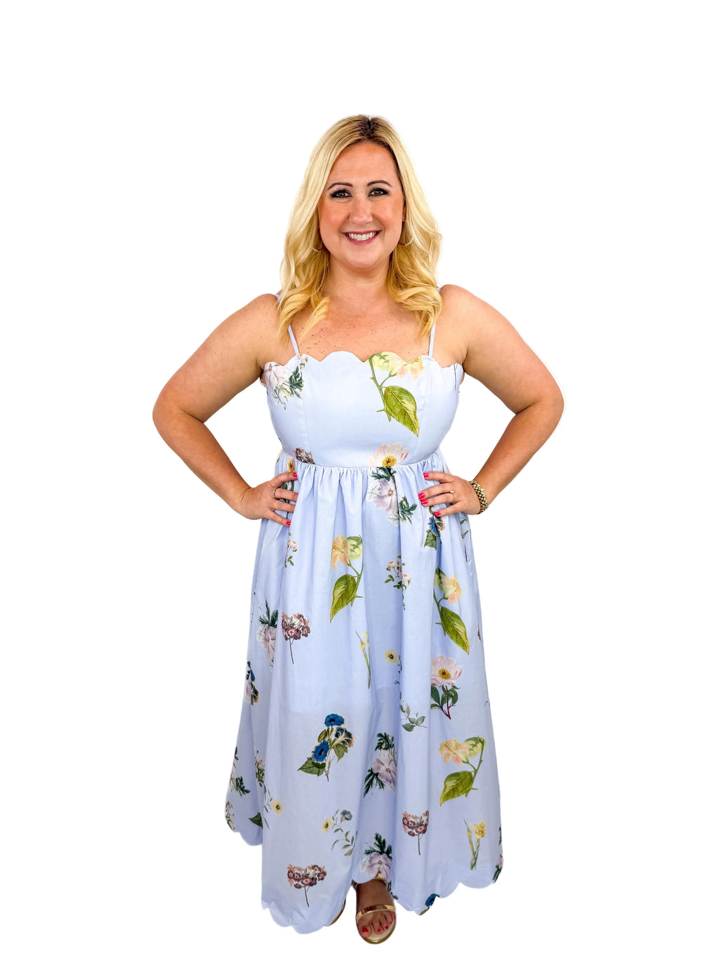 tie back midi dress Blue Floral Scallop Neck Tie-Back Midi Dress