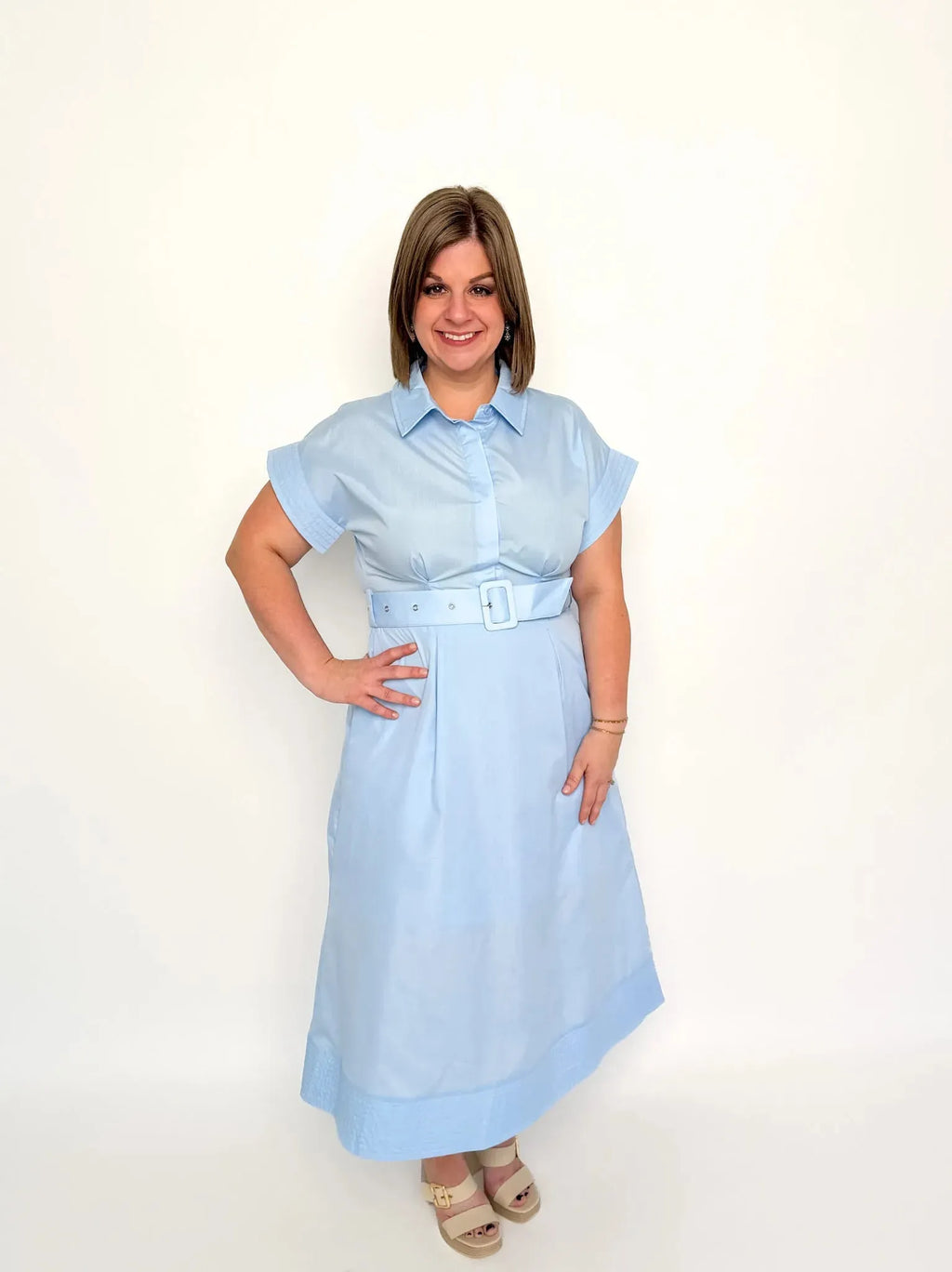 Light Blue Belted Midi Dress