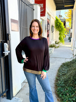 Mardi Gras Black Balloon Sleeve Top