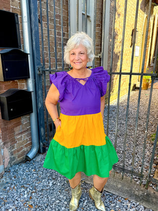 Mardi Gras Flutter Sleeve Tiered Dress