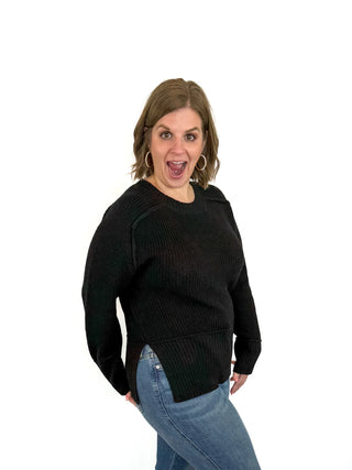 Black Ribbed Side Slit Sweater - SLS Wares