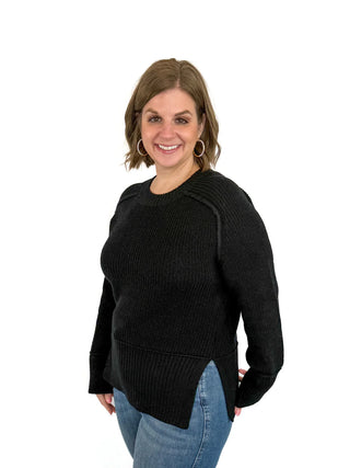 Black Ribbed Side Slit Sweater - SLS Wares