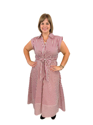 Burgundy & White Striped Tie-Waist Midi Dress
