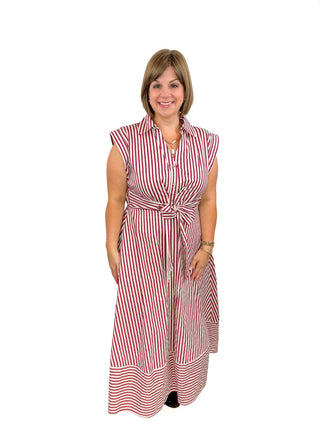 Burgundy & White Striped Tie-Waist Midi Dress
