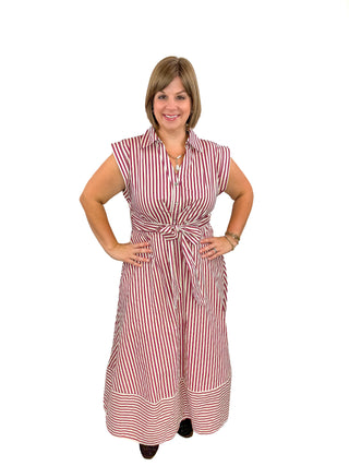 Burgundy & White Striped Tie-Waist Midi Dress