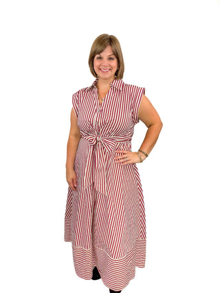 Burgundy & White Striped Tie-Waist Midi Dress