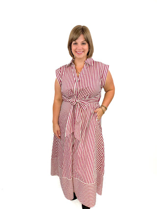 Burgundy & White Striped Tie-Waist Midi Dress