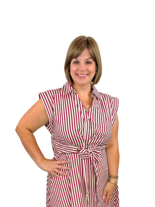 Burgundy & White Striped Tie-Waist Midi Dress