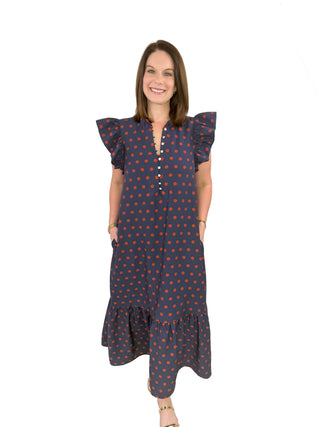 Navy & Rust Polka Dot Ruffle Maxi Dress