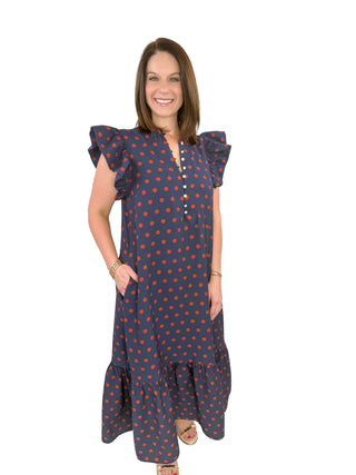 Navy & Rust Polka Dot Ruffle Maxi Dress