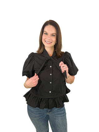 Black Tie-Neck Puff Sleeve Ruffle Hem Top