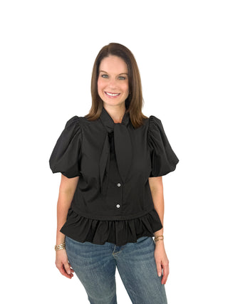 Black Tie-Neck Puff Sleeve Ruffle Hem Top