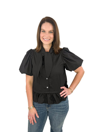 Black Tie-Neck Puff Sleeve Ruffle Hem Top