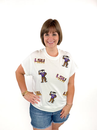 LSU Sequin Logo & Mike the Tiger Icon Top