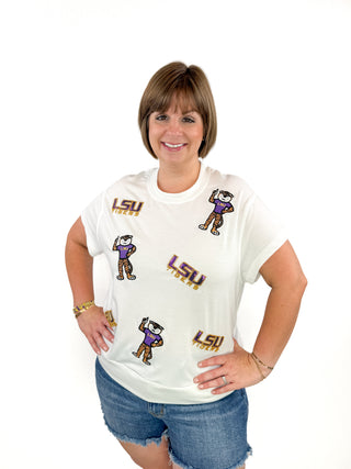 LSU Sequin Logo & Mike the Tiger Icon Top