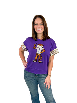 Purple LSU Sequin Mike the Tiger Top