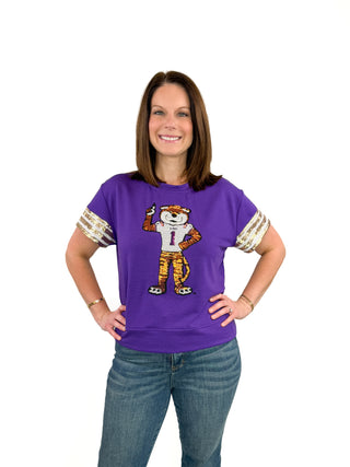 Purple LSU Sequin Mike the Tiger Top