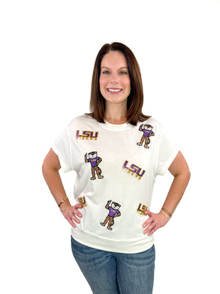 LSU Sequin Logo & Mike the Tiger Icon Top