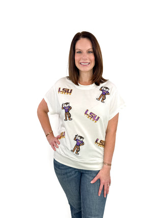 LSU Sequin Logo & Mike the Tiger Icon Top