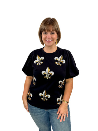 Sequin Fleur De Lis Puff Sleeve Top