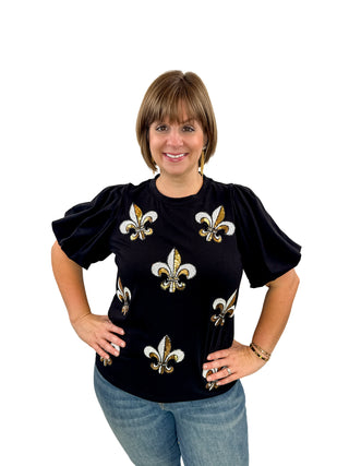 Sequin Fleur De Lis Puff Sleeve Top