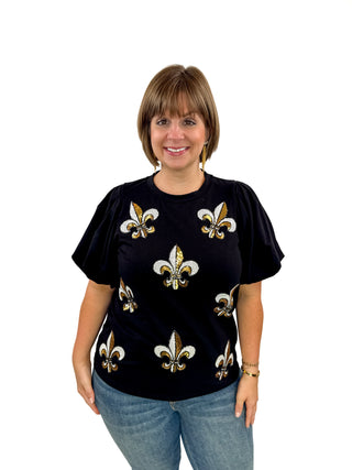 Sequin Fleur De Lis Puff Sleeve Top