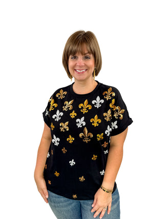 Tiny Sequin Fleur De Lis Cuff Sleeve Top