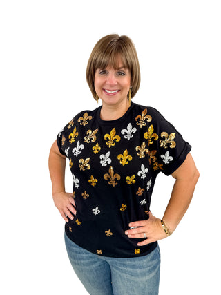 Tiny Sequin Fleur De Lis Cuff Sleeve Top