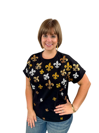 Tiny Sequin Fleur De Lis Cuff Sleeve Top