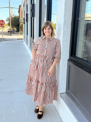 Burgundy & White Striped Midi Dress