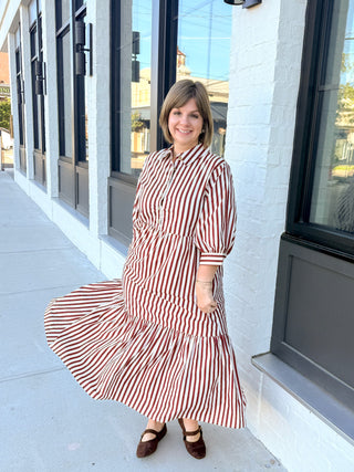 Burgundy & White Striped Midi Dress