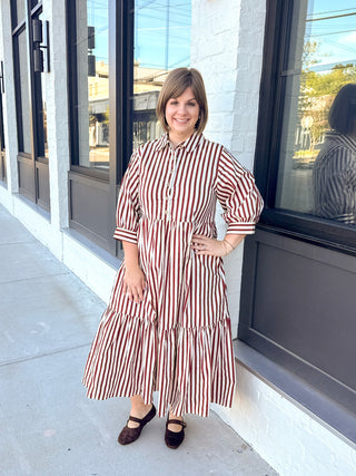 Burgundy & White Striped Midi Dress