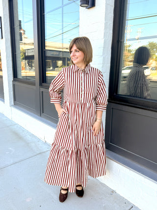 Burgundy & White Striped Midi Dress