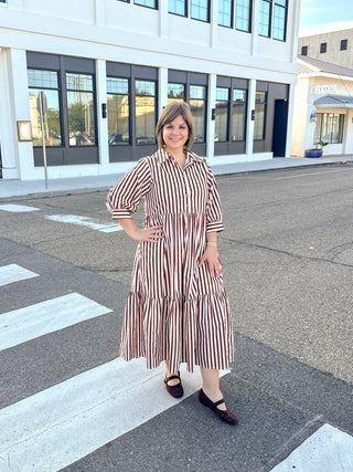 Burgundy & White Striped Midi Dress