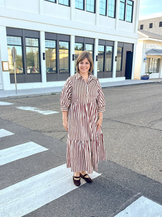Burgundy & White Striped Midi Dress