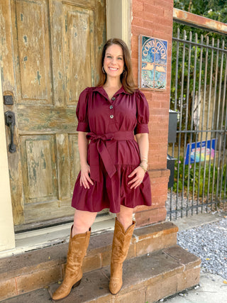 Burgundy Drop Waist Tie Dress
