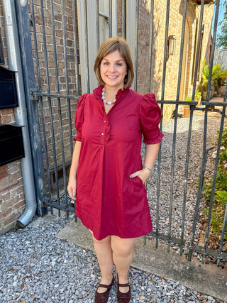 Burgundy Ruffle Trim Puff Sleeve Dress