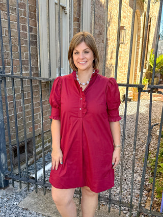Burgundy Ruffle Trim Puff Sleeve Dress
