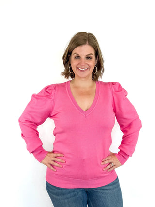 Pink V Neck Puff Sleeve Sweater - SLS Wares