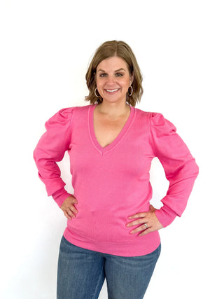 Pink V Neck Puff Sleeve Sweater - SLS Wares
