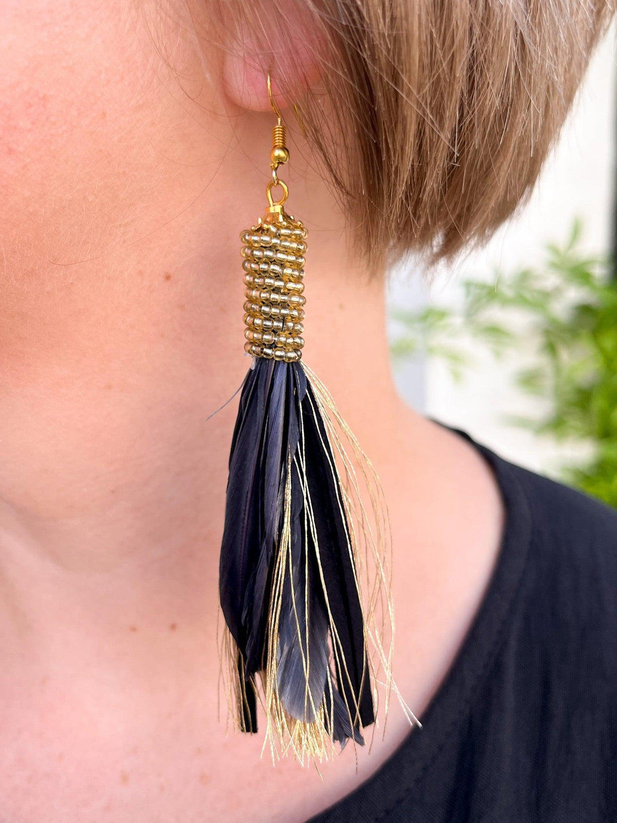 Black & Gold Feathered Tassel Earrings - SLS Wares