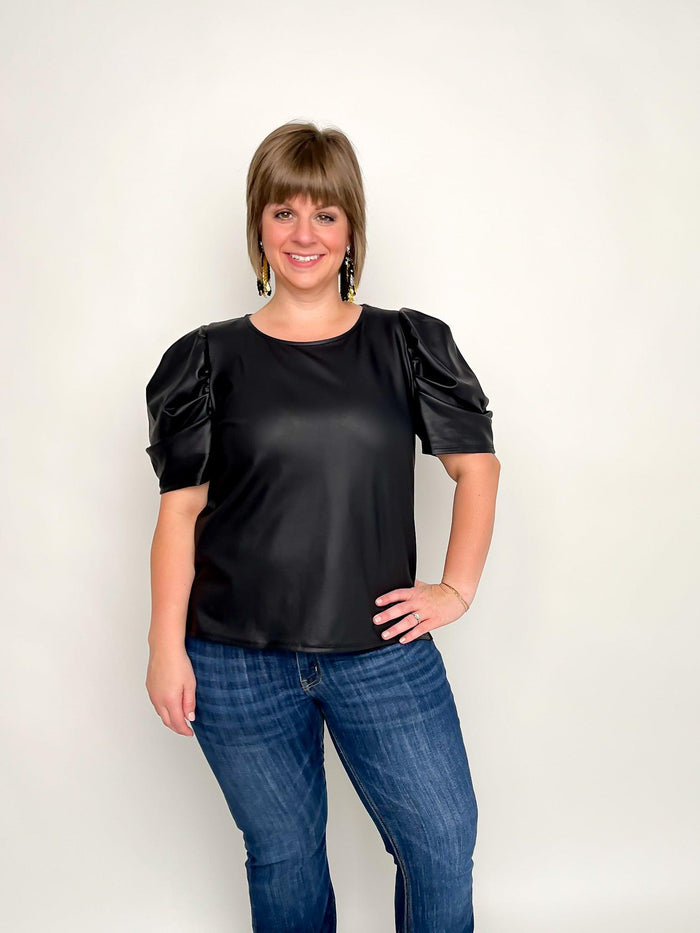 Black Faux Leather Puff Sleeve Top - SLS Wares