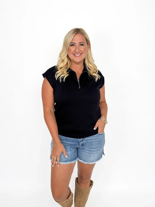 Black Half Zip Cap Sleeve Top - SLS Wares