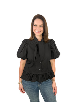 Black Tie-Neck Puff Sleeve Ruffle Hem Top - SLS Wares