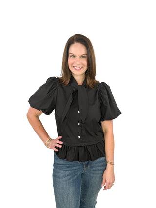 Black Tie-Neck Puff Sleeve Ruffle Hem Top - SLS Wares