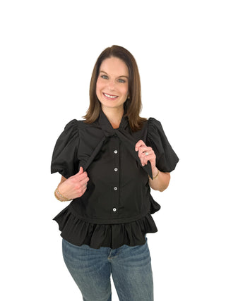 Black Tie-Neck Puff Sleeve Ruffle Hem Top - SLS Wares