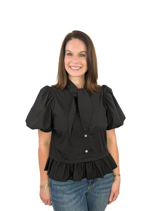 Black Tie-Neck Puff Sleeve Ruffle Hem Top - SLS Wares