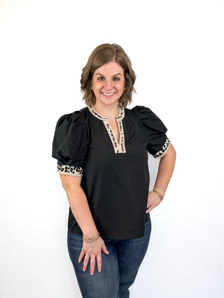Black V Neck Leopard Trim Top - SLS Wares