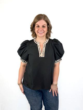 Black V Neck Leopard Trim Top - SLS Wares