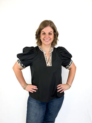 Black V Neck Leopard Trim Top - SLS Wares